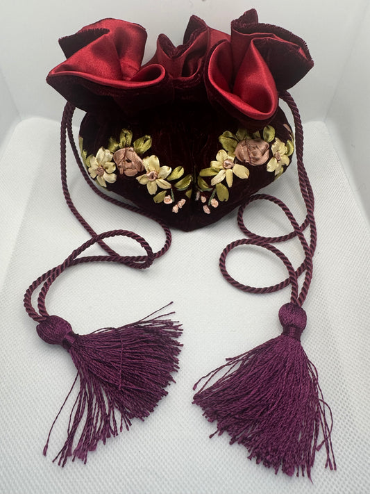 Burgundy Satin/Velvet Travel Jewelry Bag